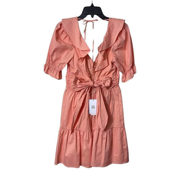 WAYF Mini Dress Womens Size Medium Peach Ruffle Neck Tiered Button Tie MSRP $158 - Picture 3 of 15